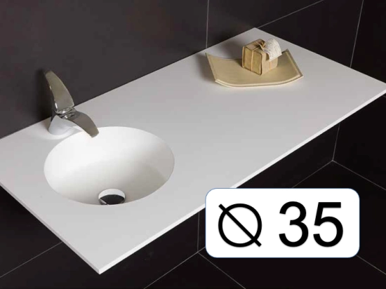 Plan vasque lavabo circulaire ⦰ 35 cm sur mesure Largeur 61 à 201 x P 46 à 51 cm Finition lisse 10 couleurs au choix, Anti bactérien Résine Akrytan® dans la masse Livraison Offerte.